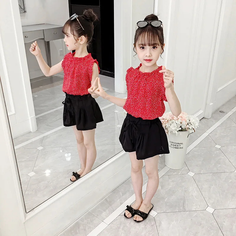 

2021 Summer Clothes kids Girls Polka dot Lace T Shirt blouse + Shorts pants Teenager Outfits Casual 3 4 5 6 7 8 9 10 11 12 year
