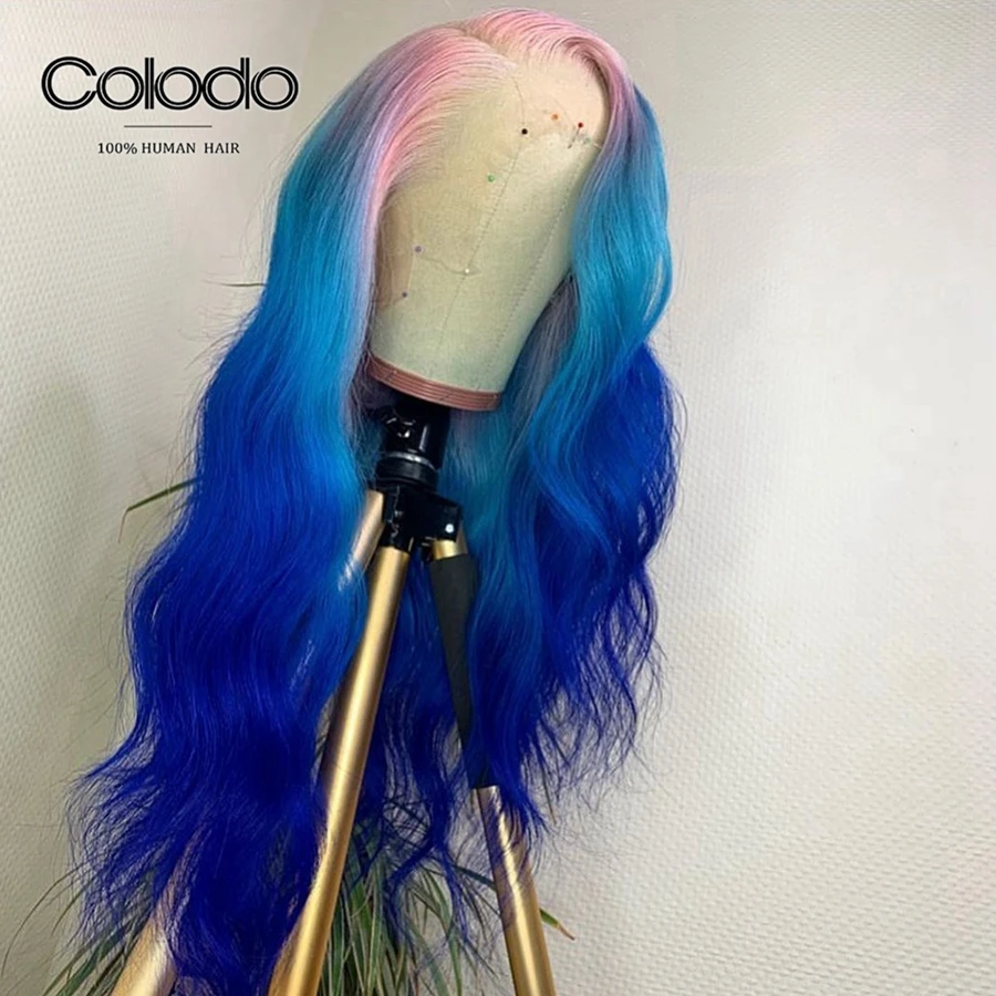 COLODO Wavy Pink Human Hair Wig 3 Tones Ombre Lace Front Wig With Baby Hair Remy Brazilian Transparent Lace Wigs For Black Women