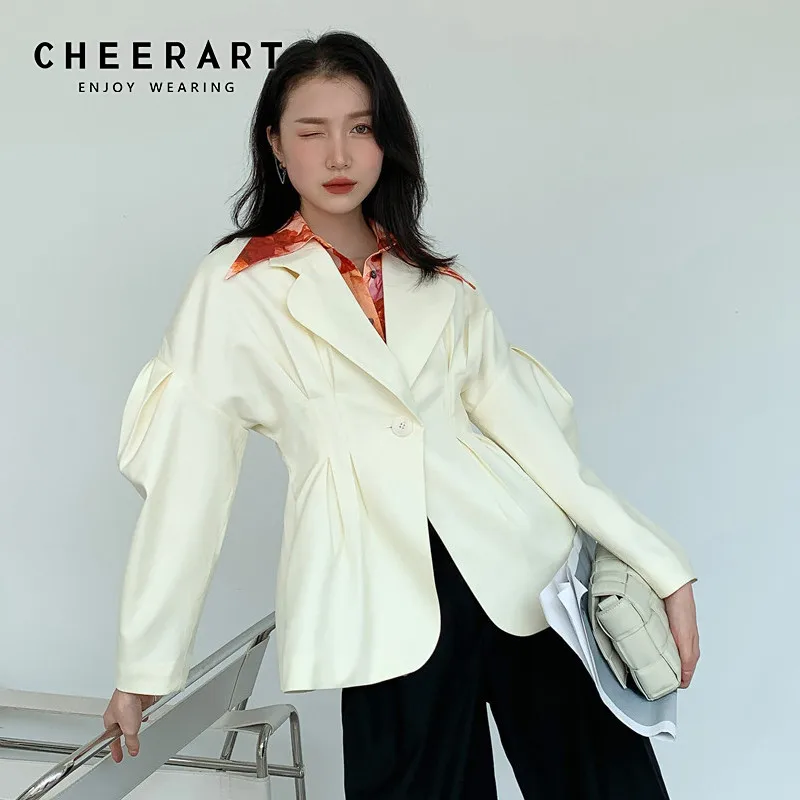 

CHEERART Designer Jacket Women 2020 Autumn Puff Sleeve Coat Tunic Outerwear Fall Fashion Single Button Ladies Jacket Clothing