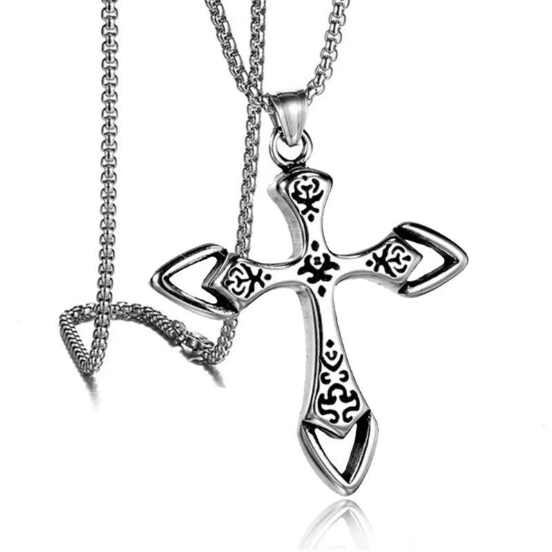 

HNSP Vintage Hollow Cross Pendant Chain Necklace For Men Male Religious Jewelry Gift