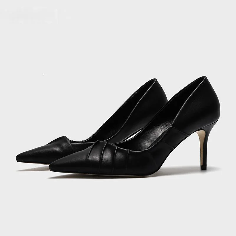 

New Women's High Heel Pointed Thin Heel Solid Black Low Dress Fashion Fold High Heels Women's Shoes