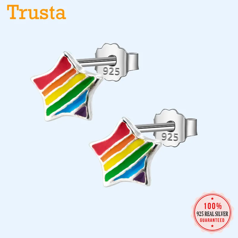 Trusta 925 пробы серебряные серьги Модные крошечные радужные глазурь звезда треугольные серьги-гвоздики подарок для школьниц DS290
