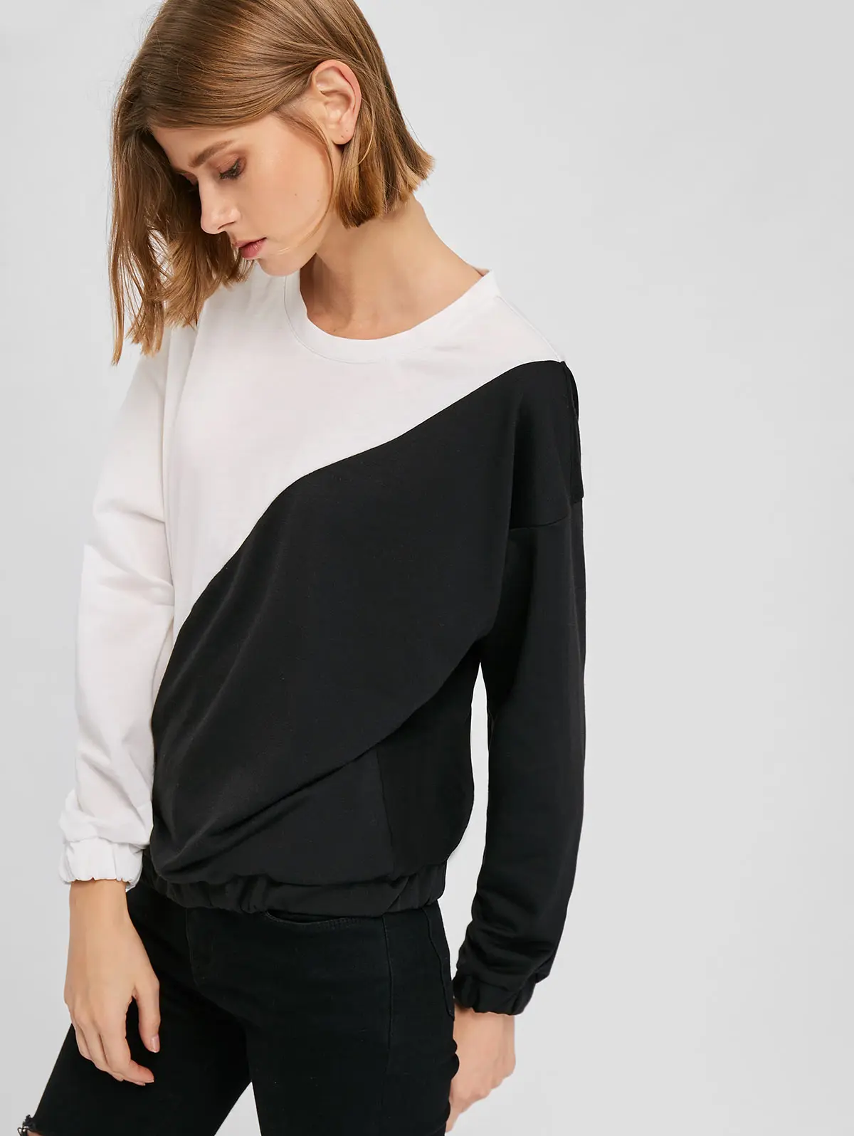 ZAFUL One Size Drop Color Block Sweatshirt Two-Tone Design Elastic Cuffs Edgy Touch Contrasting Sports Pullover Tops Fashion2019 | Женская
