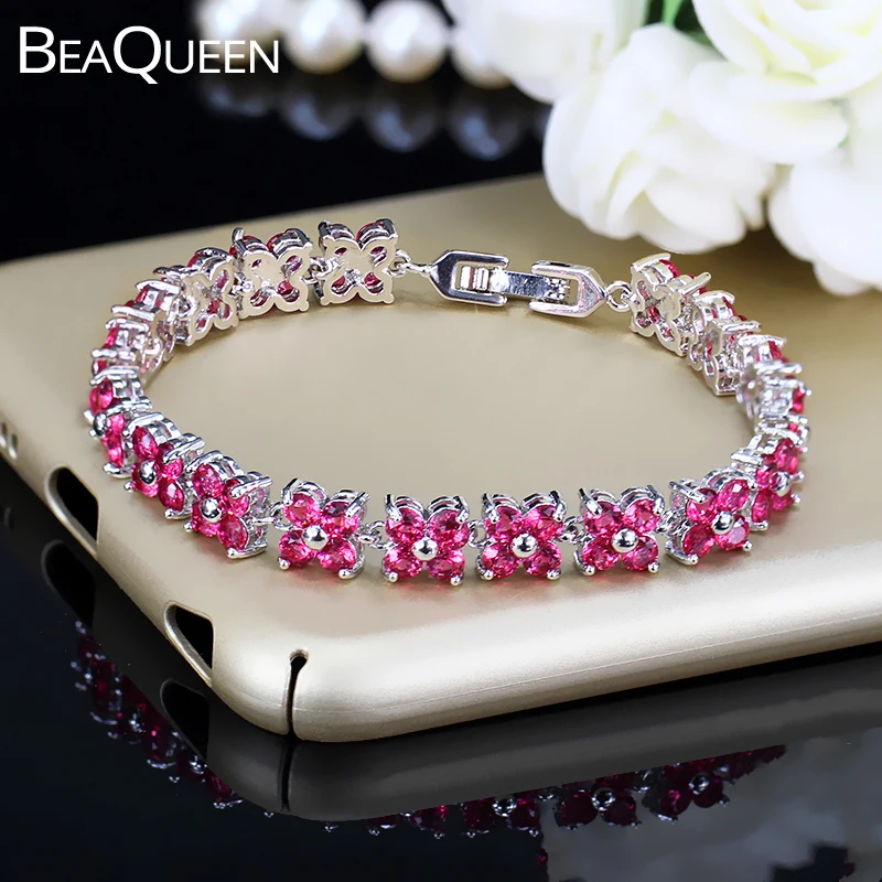 BeaQueen симпатичный женский браслет с четырьмя круглыми розовыми и красными