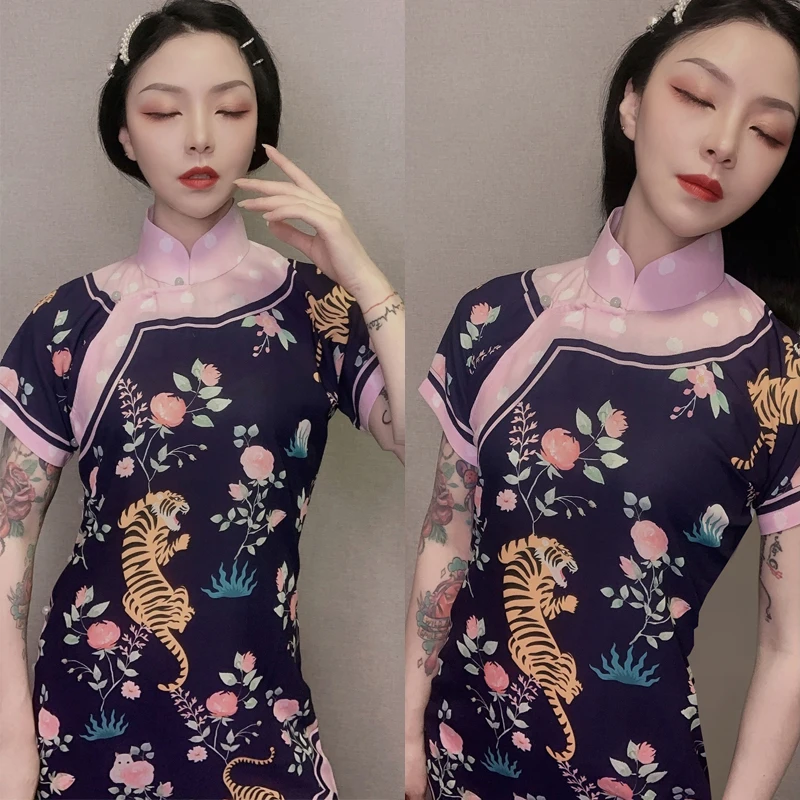 Китайское платье Qipao с принтом темного тигра длинная юбка воротником-стойкой