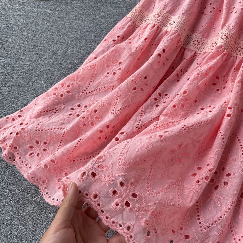 

CHICEVER Korea Patchwork Hollow Out Dress For Women O Neck Half Sleeve High Wasit Ruffles Elegant Dresses Female 2021 New Tide