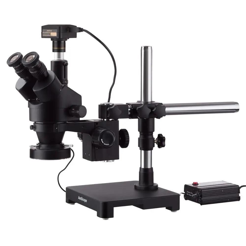 

3.5X-45X Black Trinocular Stereo Zoom Microscope on Single Arm Boom Stand with Heavy Duty 80-LED Ring Light & 14MP USB3.0 Digita