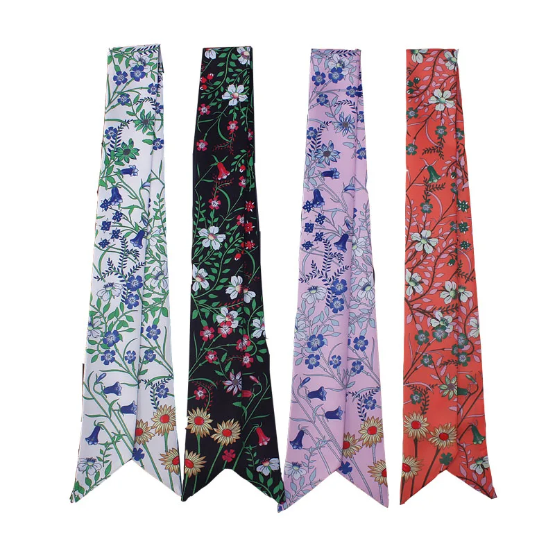

2021New Skinny Scarf Floral Printing Silk Scarf For Women 88*5cm Fashion Flower Ladies Bag Scarves Head Scarves