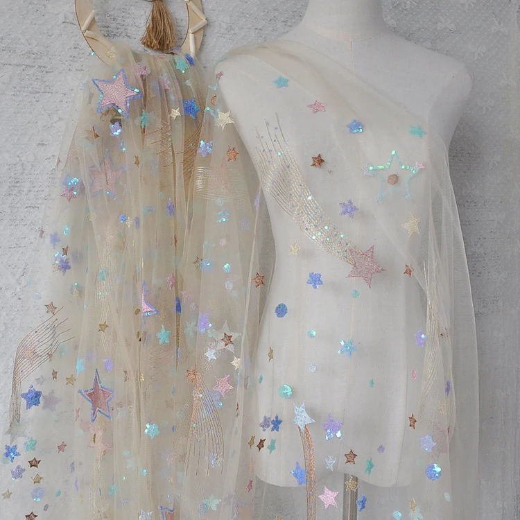 

Colorful Sequin Five Pointed Star Embroidery Lace Fabric For Wedding Dress Accessories Doll Skirt Designer Fabric