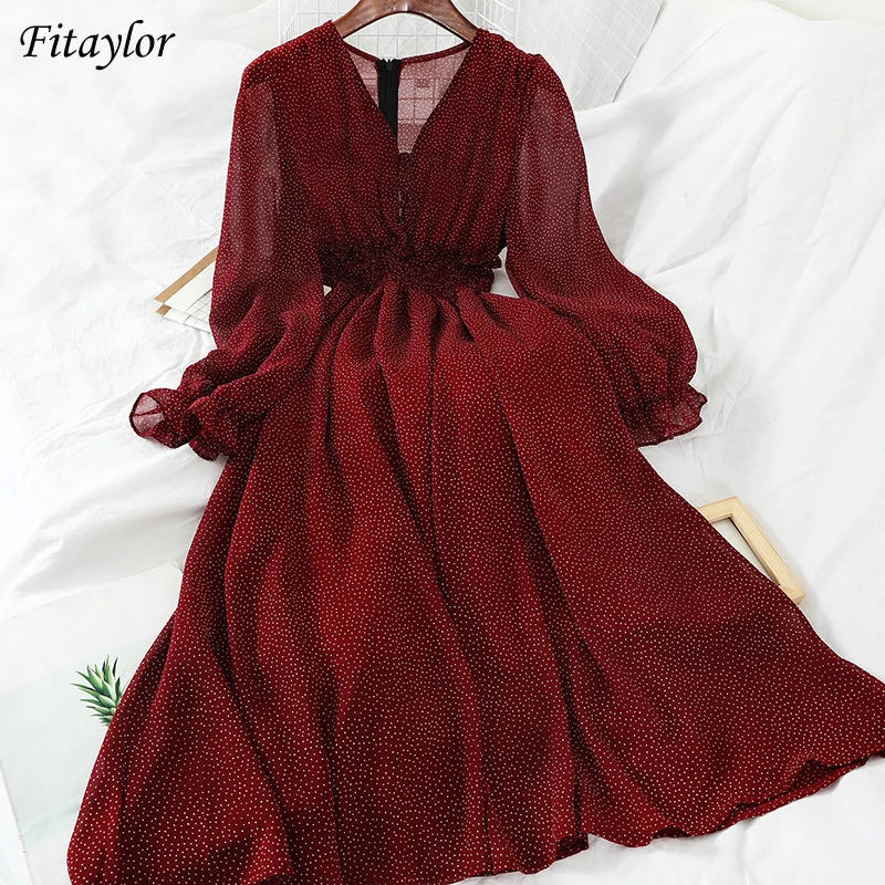 

Женское шифоновое платье Fitaylor, облегающее платье в горошек с v-образным вырезом и рукавами-фонариками на пуговицах, элегантное платье до сер...