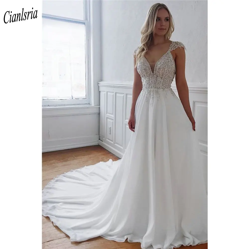 

Elegant V-Neck Open Back Beading Straps A-Line Wedding Dress Cap Sleeve Appliques Lace Bridal Gown Vestido de Noiva