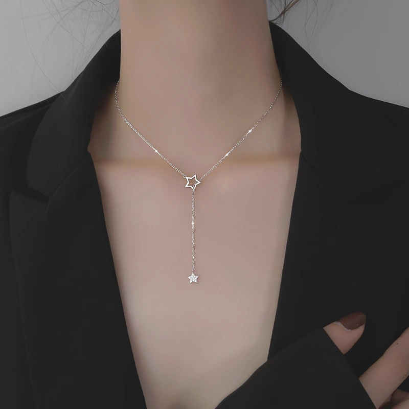 

925 Sterling Silver Flash Diamond Star Necklace Female Tassel Clavicle Chain Pendants for Women Fine Jewelry Party Gift