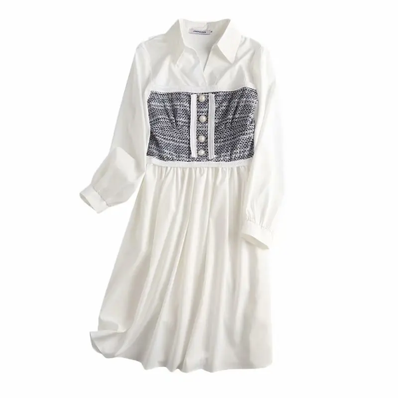 

2021 Ladies Spring Summer Colorblock Full Sleeve Long Skirt Dresses Women's Feminine Temperament Waist Slimming Chic Dress