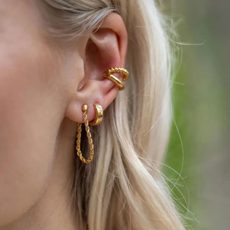 

Korea Trend Retro Double-layer Twist Metal Ear Bone Clip Earring Simple No Pierced Ears Gold Color For Women Party Gift Jewelery