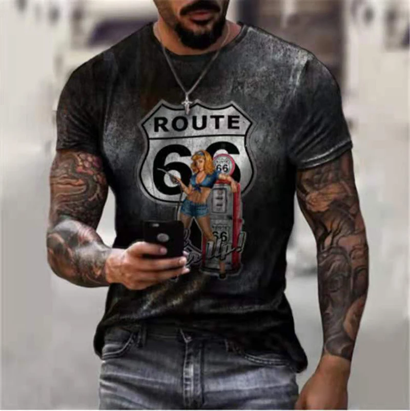 

2022 Route 66 American Road T-shirt Summer New Short-sleeved Casual Top O-neck T-shirt Men's Oversized Shirt Retro Sweatshirt