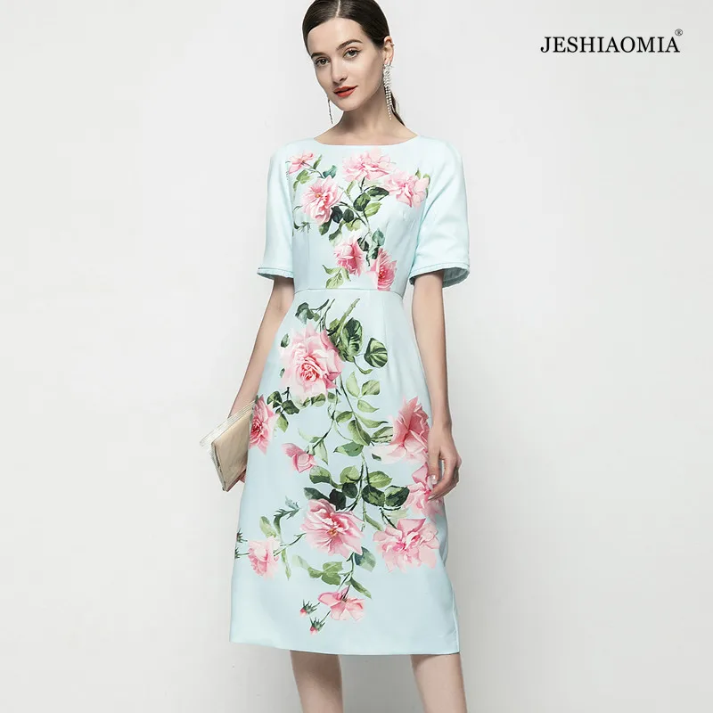 

2021 SPRING ROUND NECK FLORAL PRINT SHORT SLEEVE MIDI DRESS
