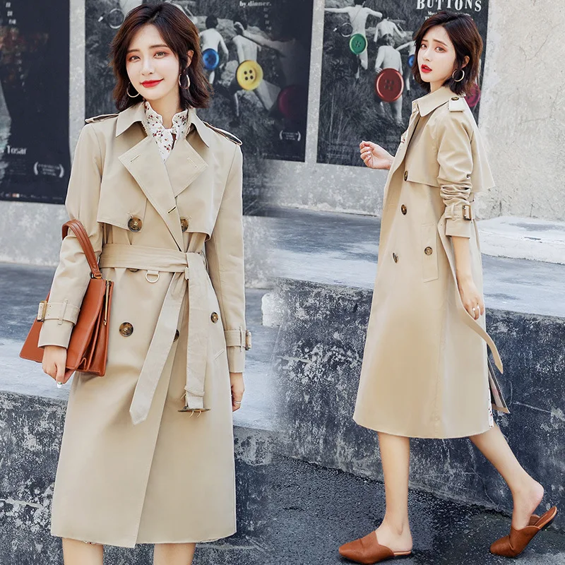 Женский тренчкот с поясом повседневная двубортная ветровка Классическая