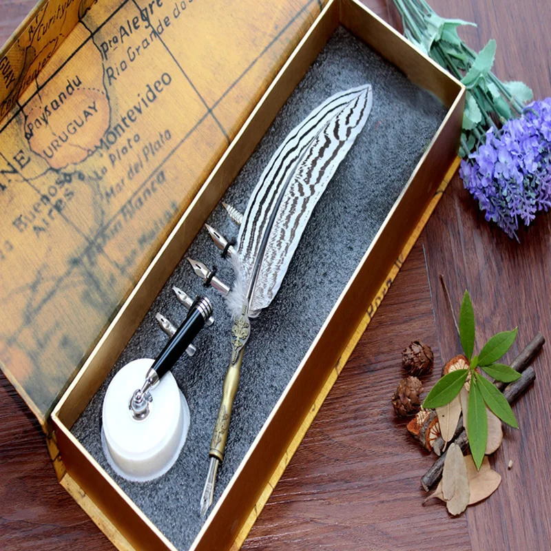 Europe Natural Feather Antique Dip Pen Set Signing Pen