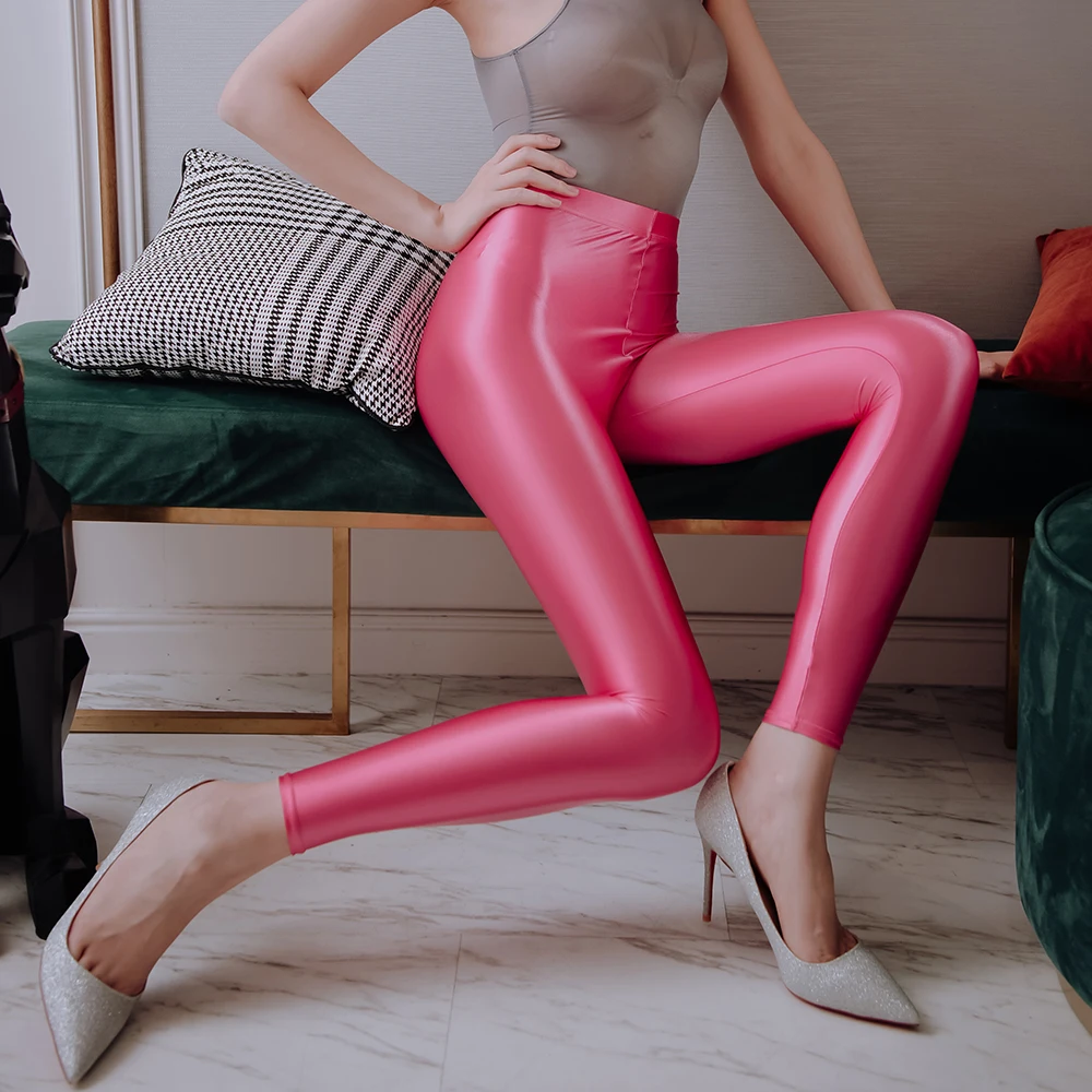 

LEOHEX Satin Glossy Leggings High Women Elasticity Capri Pants Sport Fitness Yoga Pants Opaque Shiny Sexy Japanese Tights