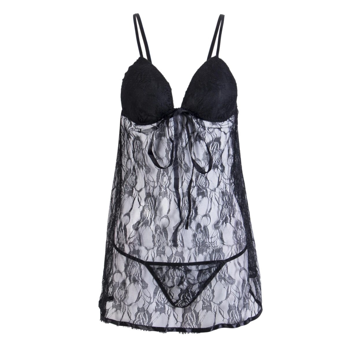 

Plus Size 2XL See Through Sexy Women Lace Babydoll Dress Sleepwear Underwear G-String Set Sheer Sleepwear Chemises