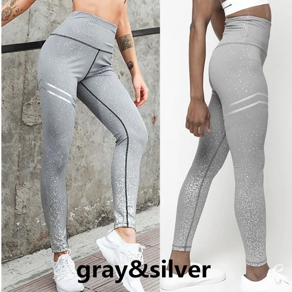 gray-silver Леггинсы для тренировок с высокой талией, колготки для спортзала с эффектом пуш-ап, женские бесшовные легинсы с принтом, штаны для йоги, штаны для фитнеса, контроль живота, спортивные брюки - Цвет: gray-silver