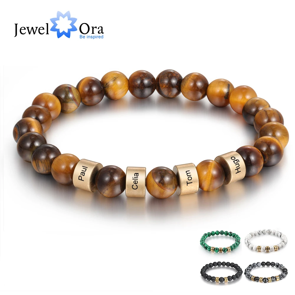 Personalized Name Engraving Men Bracelet Customized Lava Tiger Eye Stone Beads Bracelets Handmade Jewelry Gifts for Boyfriend