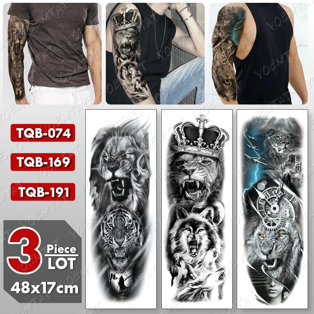 3 шт./лот большой рукав для рук тату Лев тигр водостойкая Временная наклейка волк