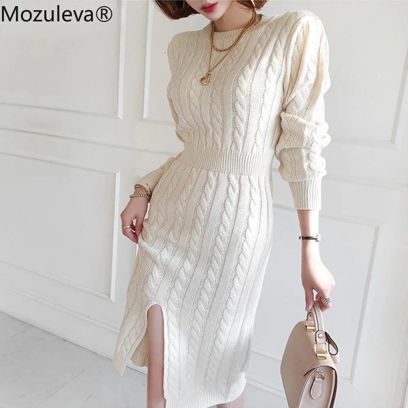 

Mozuleva Casual O-neck Twisted Female Knitted Dress 2021 Autumn Winter Split Women Sweater Dress Ladies Midi Vestidos