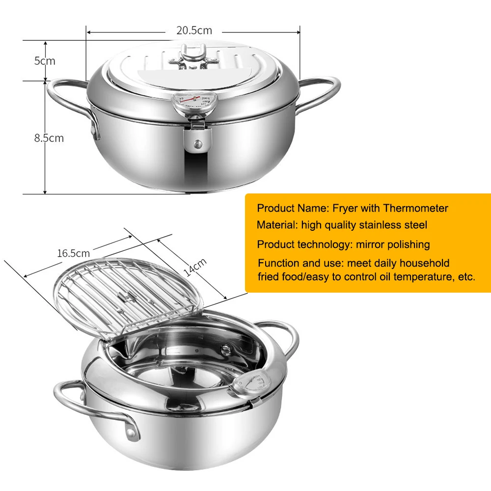 

Kitchen Deep Frying Pot Thermometre Tempura Fryer Pan Temperature Control Fried Chicken Pot Cooking Tools Stainless Steel