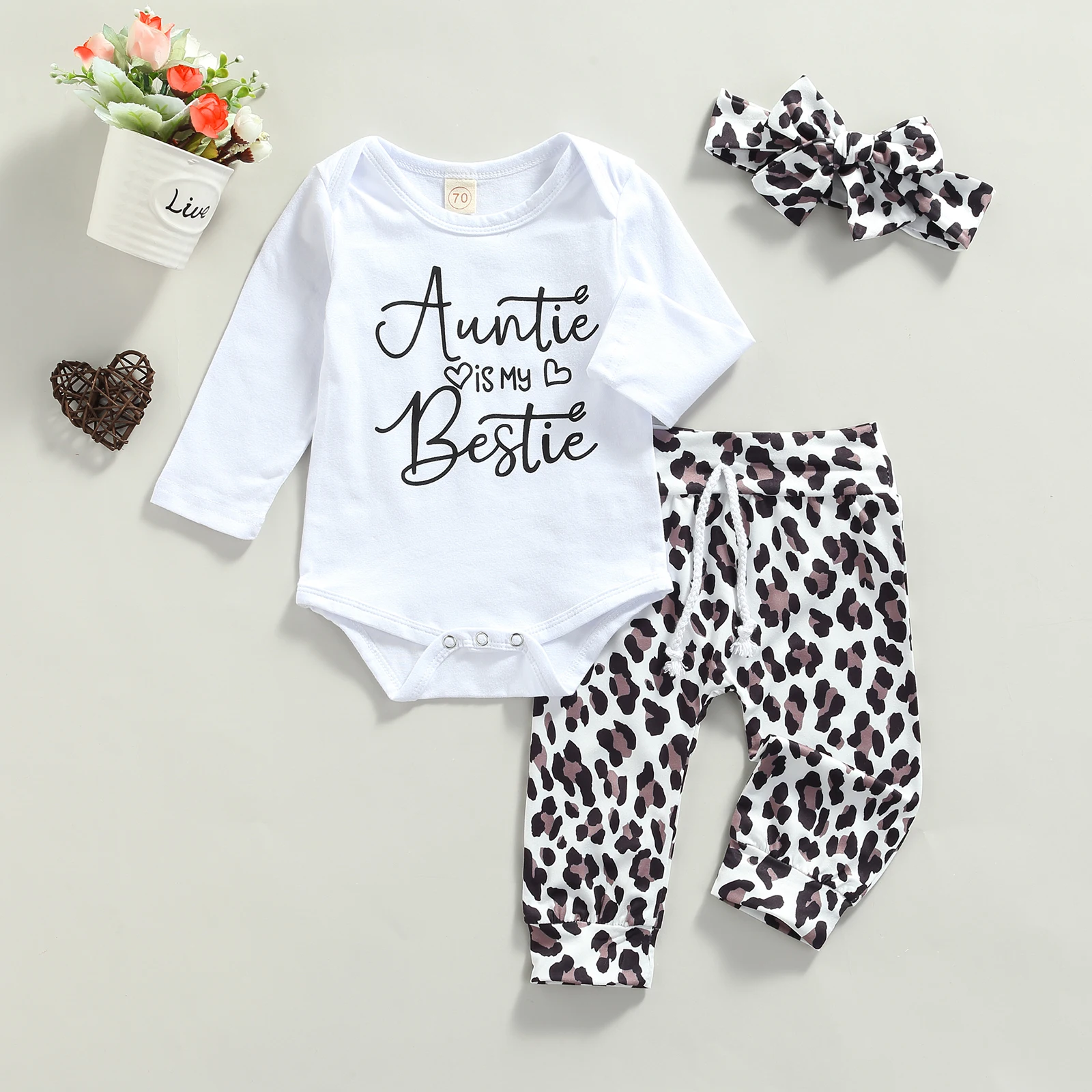 

3 Pcs Newborn Casual Outfits Baby Girls Clothes Letter Print Round Neck Long Sleeve Playsuit + Tie-up Leopard Pants + Headband