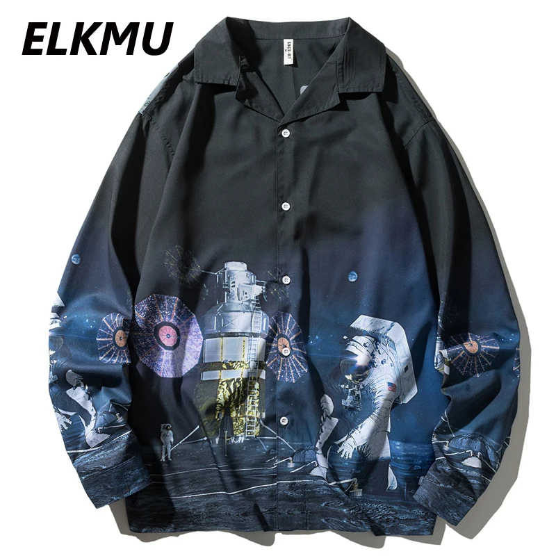 

ELKMU Harajuku Shirts Astronaut Space Moon Exploration Print Hip Hop Streetwear Long Sleeve Shirt Casual Blouse Shirt Tops HE881