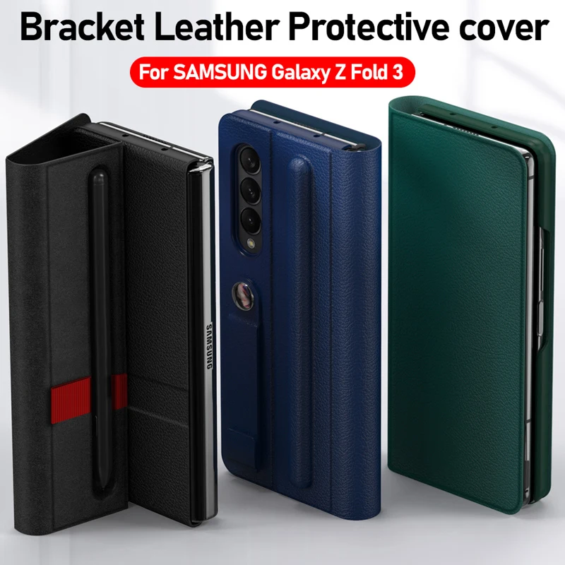 lychee pattern leather for samsung galaxy z fold 3 5g case with s pen holder hand grip strap flip magnetic spen slot cover free global shipping