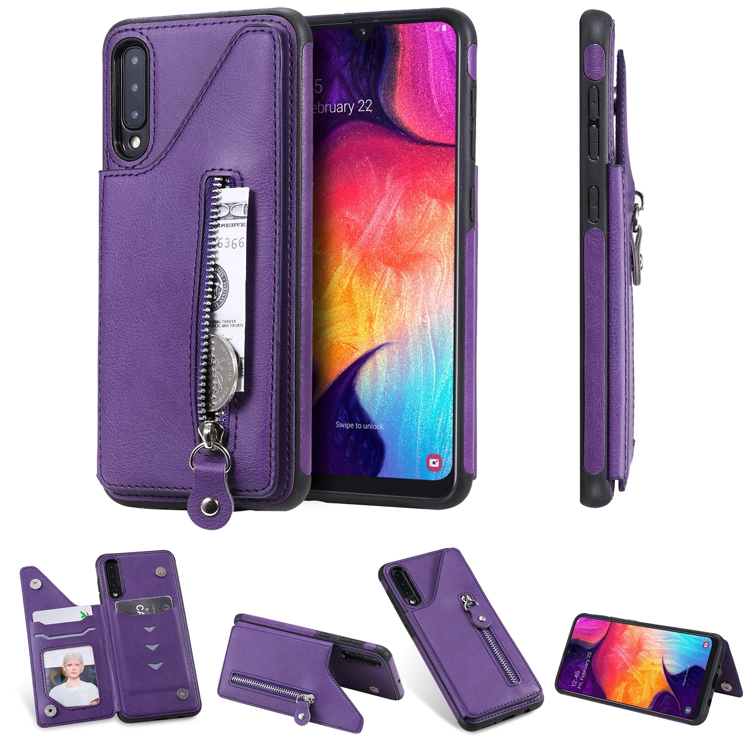 Фиолетовый Классическая сумка на молнии для samsung Galaxy A50 ударопрочный кошелек задняя крышка чехол с отделениями для карт для A30S/A50/A50S - Цвет: Фиолетовый