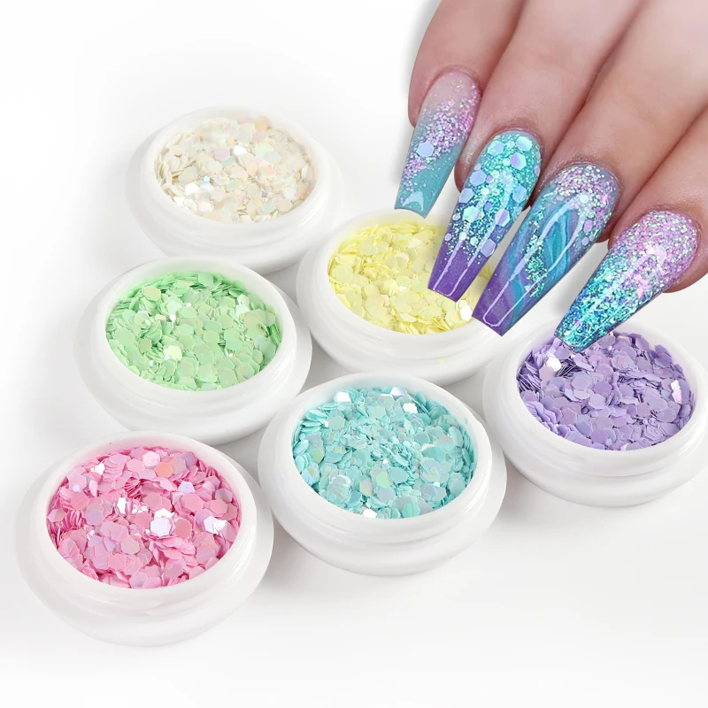 

6Pcs 3D Mermaid Nail Chunky Glitter Flakes For Nail Art Decorations Mixed Mirror Hexagon Sparkly Candy Sequins Set Tips RK390090