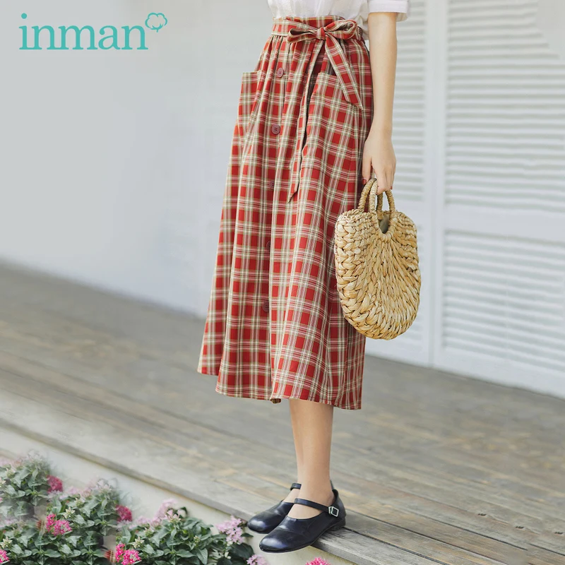 

INMAN Summer Vintage Hongkong Style Lady Bottom Wear Women Korean Style Kawaii With Belt Slimmed Button Sweet Girl Plaid Skirt