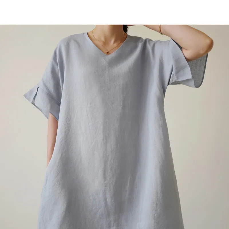 

Spring And Summer New Simple Pure Color Skirt Slit Lace Sleeves V-neck Linen Dress