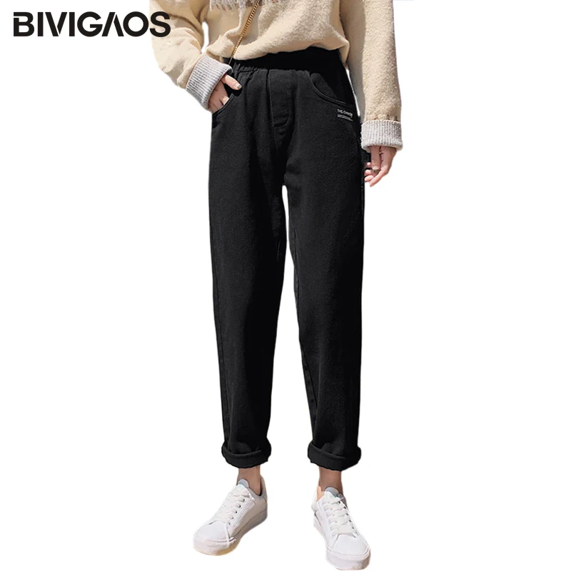 

BIVIGAOS 2019 New British Style Ladies Casual Pants Pockets Letters Fashion Trend Cropped Trousers Women Cotton Loose Pants