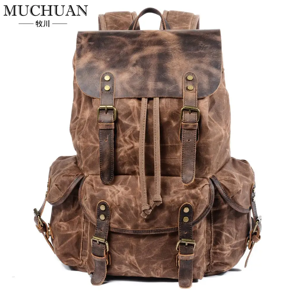 MUCHUAN Oil Waxed Traveling Students Rucksacks Large Capacity Waterproof Laptop Daypacks Pure Cotton Canvas Leather Backpacks