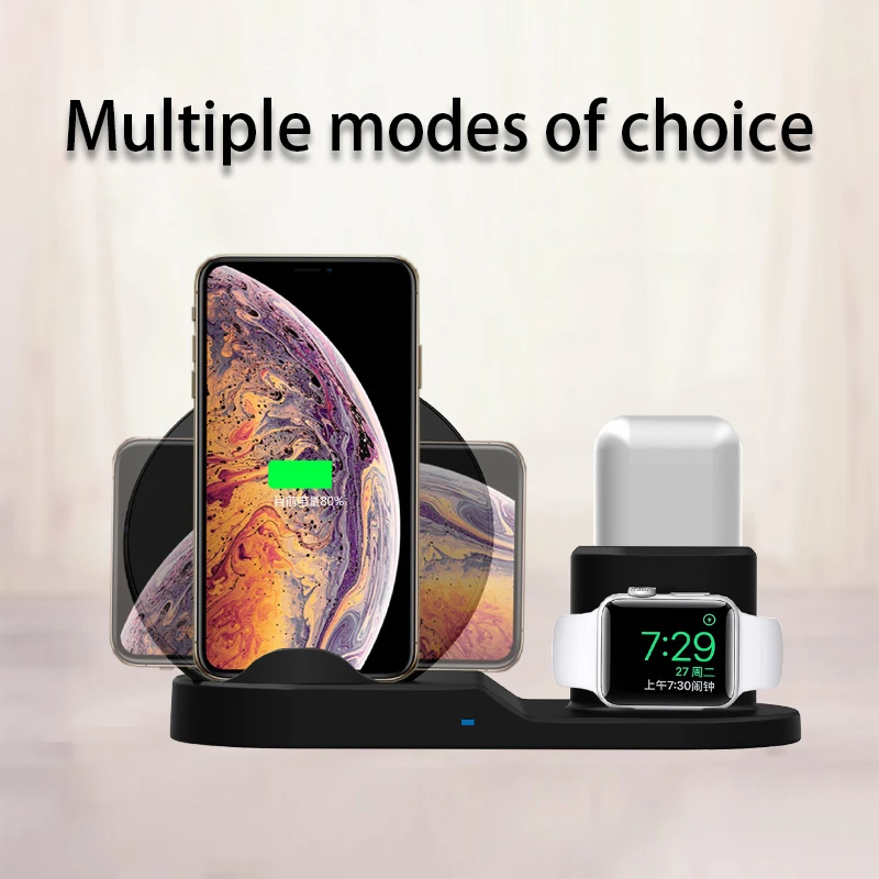 Беспроводная зарядная подставка 3 в 1 для iWatch 4 AirPods док-станция Qi 10 Вт быстрое