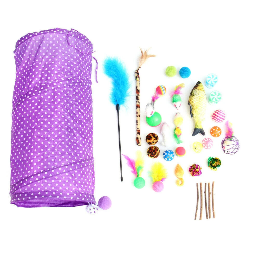 

28pcs Cat Kitten Toys Interactive Set Rod Fur Mice Bells Balls Catnip Kit Feather Toy Simulation Fish Fluffy Mouse Crinkle Balls