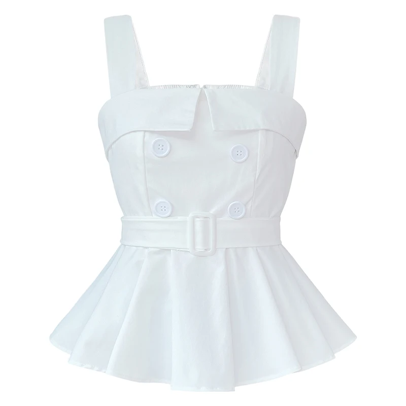 

2021NEW summer double-breasted decorative belt strapless ruffled camisole, top women's high-waisted slim slimming small vest top