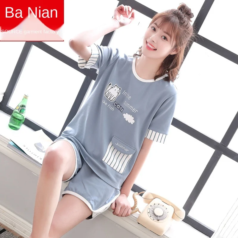 2021 Summer Women's Pajamas Sets Thin Short Sleeve Shorts Cotton Nightgown 2Pcs Suit Korean Cartoon Home Clothes Sleepwear