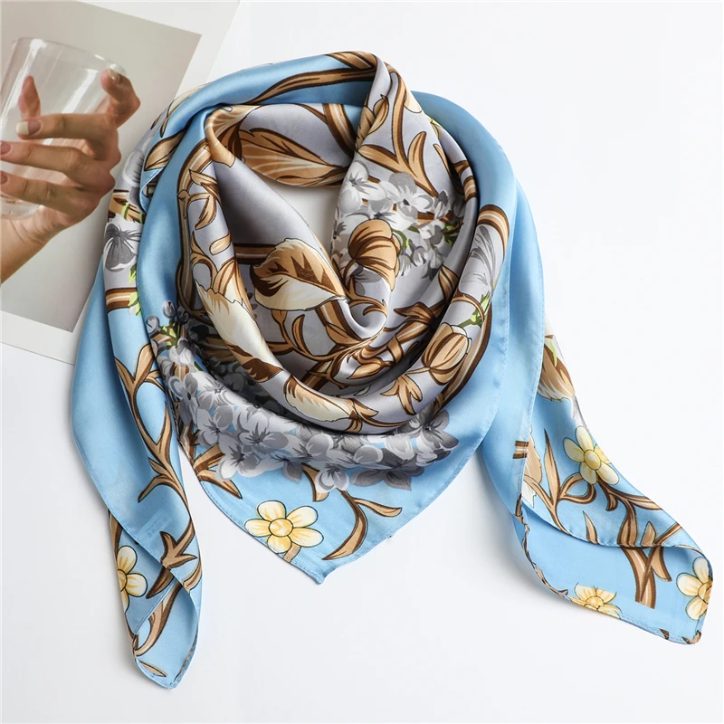 

Floral Women Silk Neck Scarf Shawls Hijab Wraps Print 90cm Square Headband Foulard Shawls Pashmina Bandana 2021 Fashion