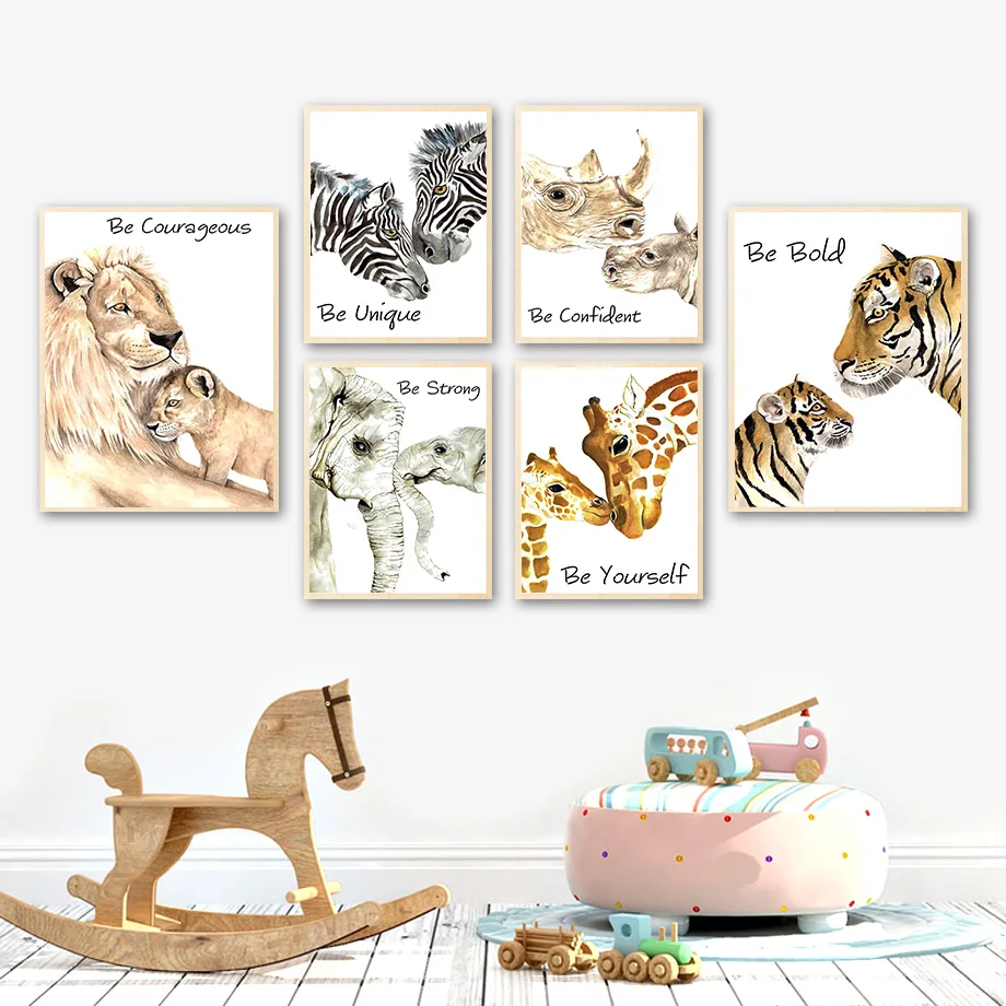 

Lion Zebra Rhino Elephant Giraffe Tiger Family Wall Art Canvas Painting Nordic Posters And Prints Wall Pictures Kids Room Decor