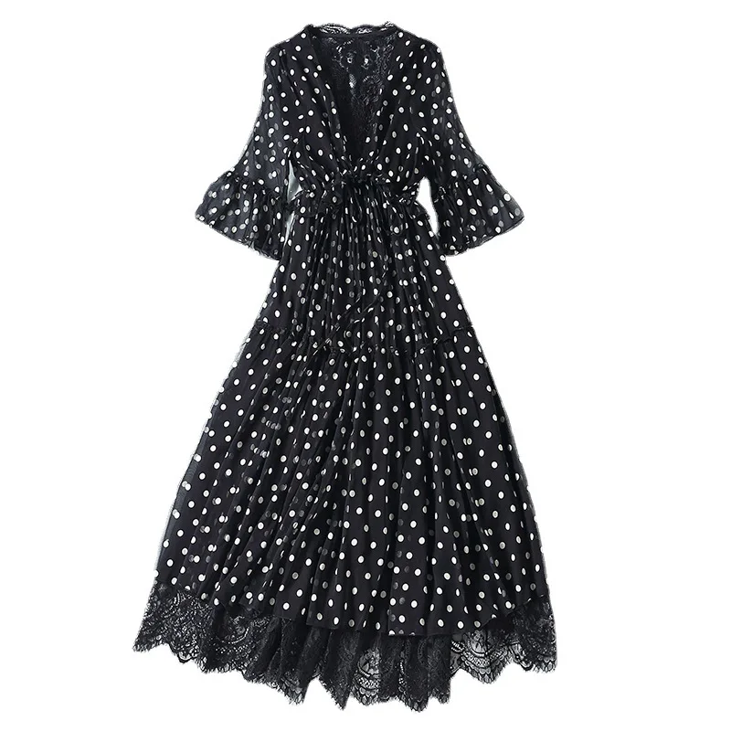 

Temperament Commuter Wave Point High Waist Silk Irregular Long Dress Fashion Black Lace Sexy Elegant Dress Female