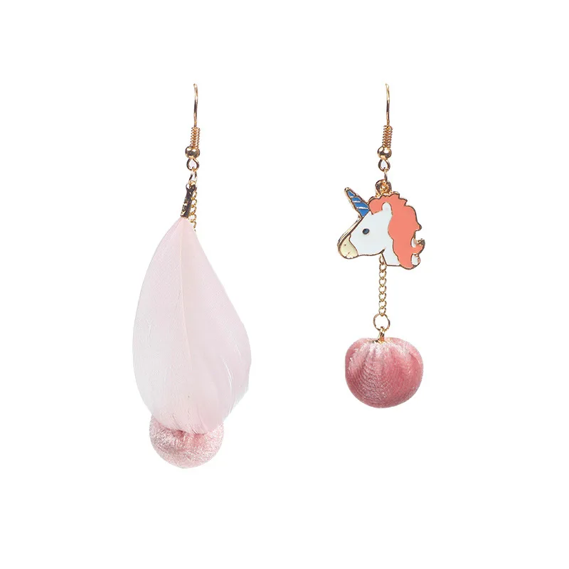 

Korean Style Hipster Cute Unicorn Ear Stud Sweet Cool Asymmetric Badminton Ball Long Earrings Ear Stud