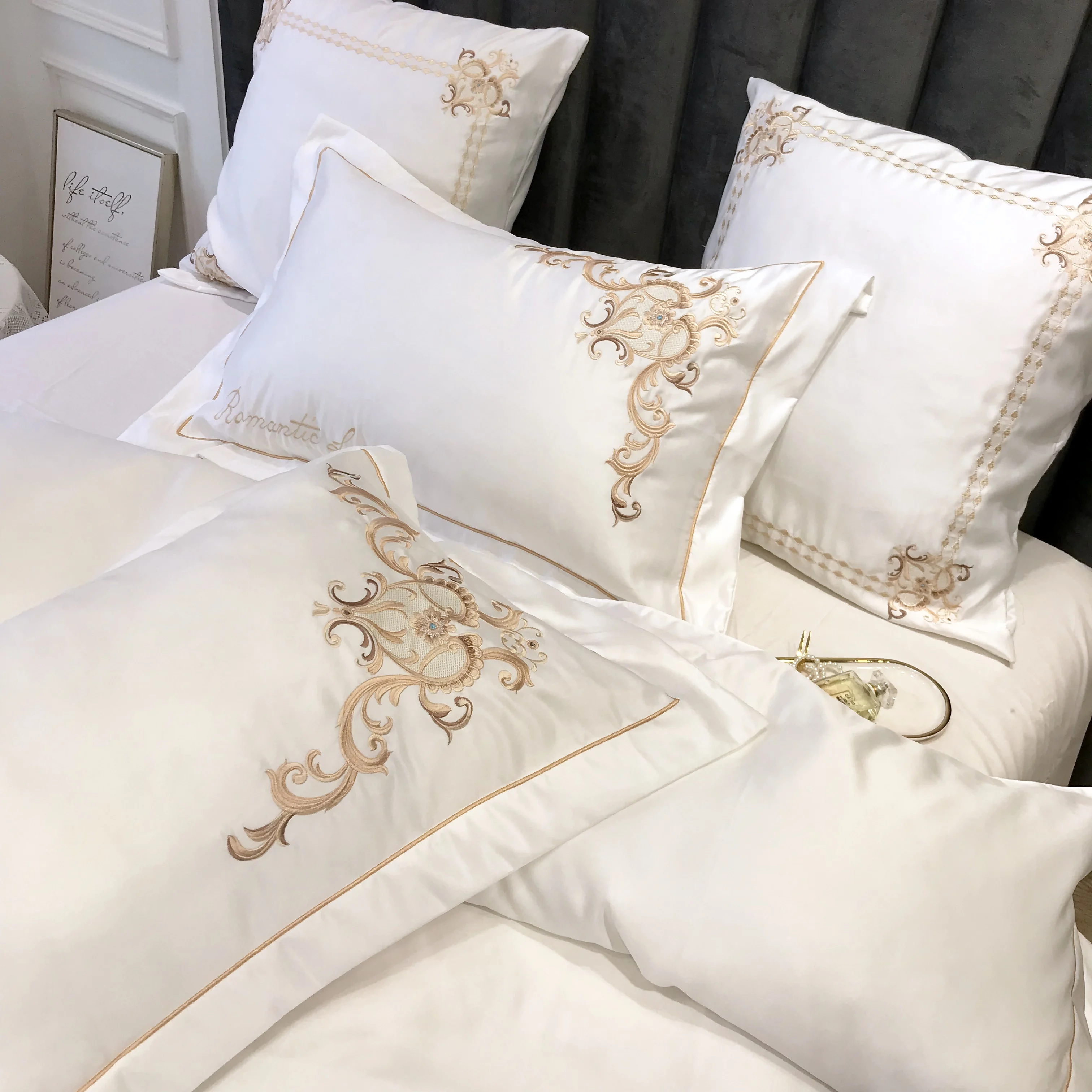 Новинка белый синий серый 60S сатин мытый шелк хлопок изысканная вышивка Комплект