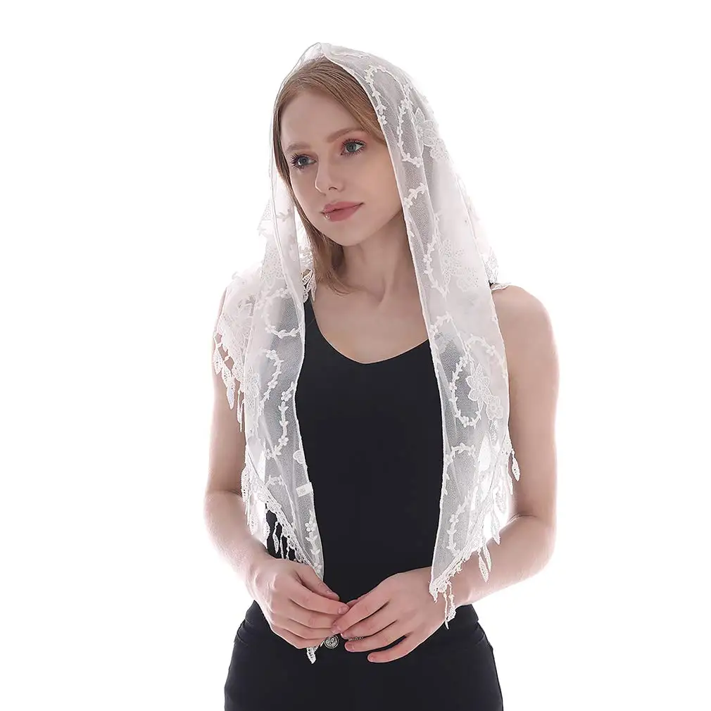 Женская кружевная вуаль треугольный шарф для церкви вышитый кисточка шаль с