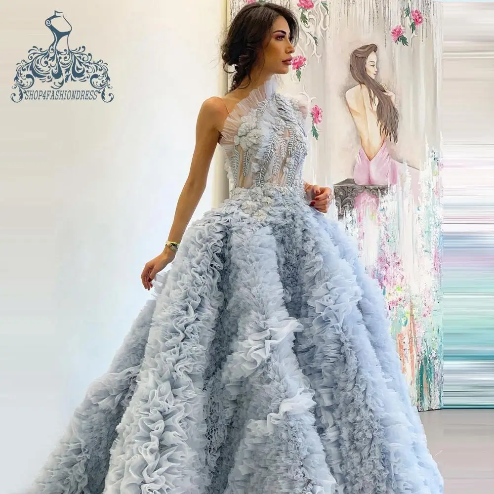 

Pretty Sky Blue Lush Tulle Ball Gowns Real Image Princess Tiered Tulle 3D Flowers Evening Dresses Arabic Long Prom Gowns