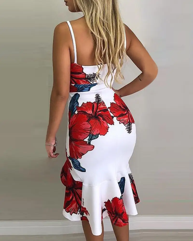 

Women Floral Print Slit Ruffles Mini Dress Elegant Boho Spaghetti Strap V Neck Backless Bodycon Dress